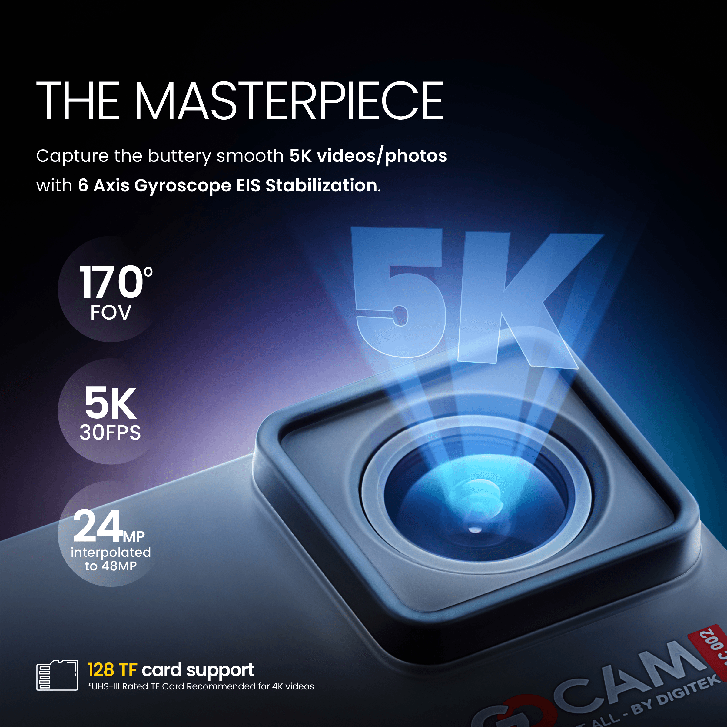 Digitek GoCAM (DAC-002) 5K 60fps 24MP WiFi Ultra HD Sports Action Camera with 2" HD Screen & External MIC Support 100 feet Waterproof (with Waterproof case) 2 x 1350mAh Battery - Digitek