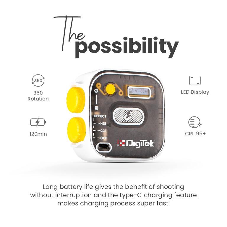 Digitek (LED-D10W) RGB Video, LED Camera Light 360Â° Full Color Portable Photography Lighting with 3 Cold Shoe, 2000mAh Rechargeable CRI 95+ 2500-9000K Dimmable Panel Lamp Support Magnetic Attraction. - Digitek